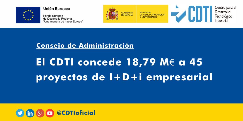 El CDTI concede más de 18 millones de euros a 45 proyectos de I+D+I empresarial