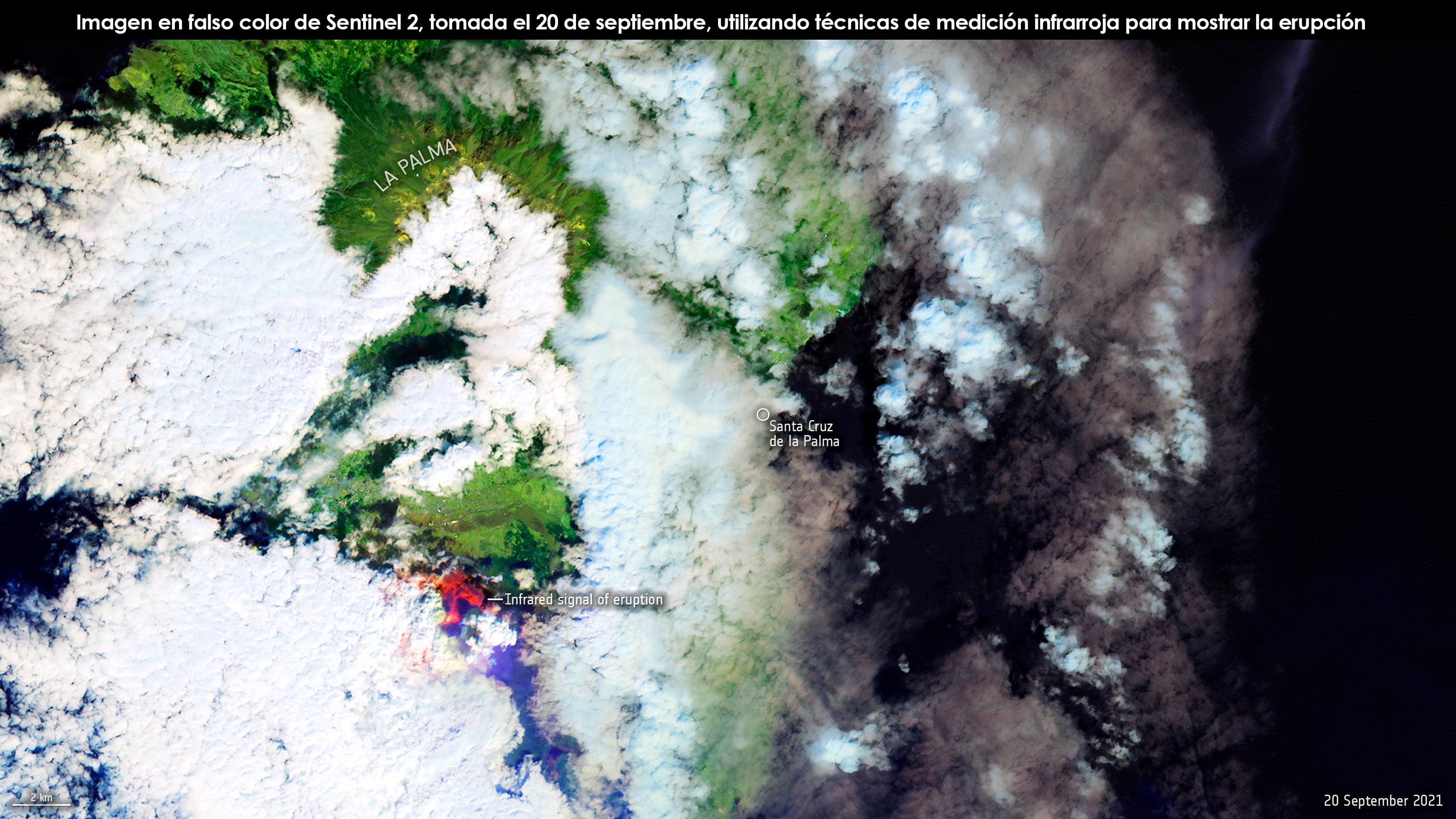 Imagen en falso color de Sentinel 2, tomada el 20 de septiembre, utilizando técnicas de medición infrarroja para mostrar la erupción