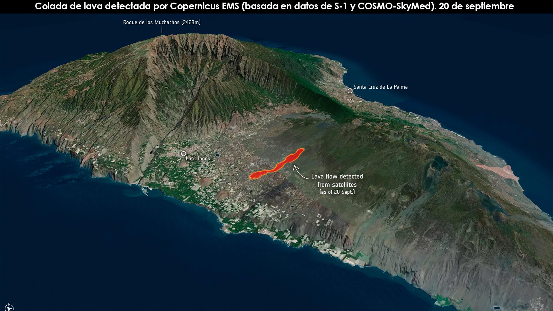 Colada de lava detectada por Copernicus EMS (basada en datos de S-1 y COSMO-SkyMed). 20 de septiembre
