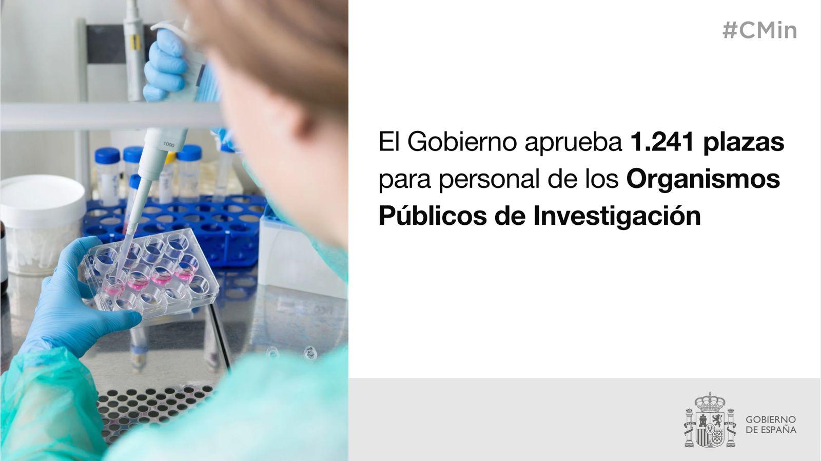 Imagen del artículo El Gobierno aprueba 1.241 plazas para personal de los Organismos Públicos de Investigación