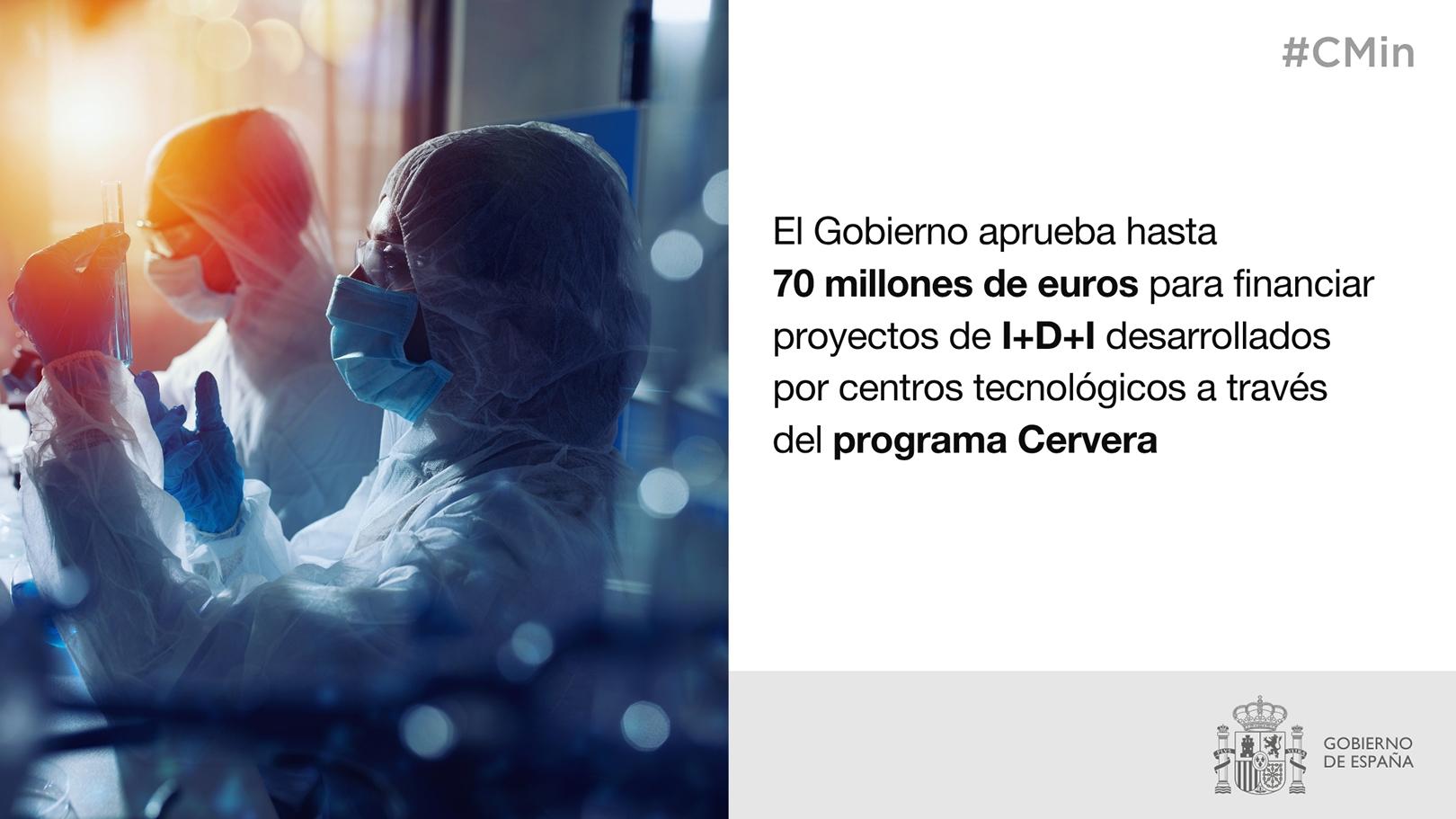 El Gobierno aprueba hasta 70 millones de euros para financiar proyectos de I+D+I desarrollados por centros tecnológicos a través del programa Cervera